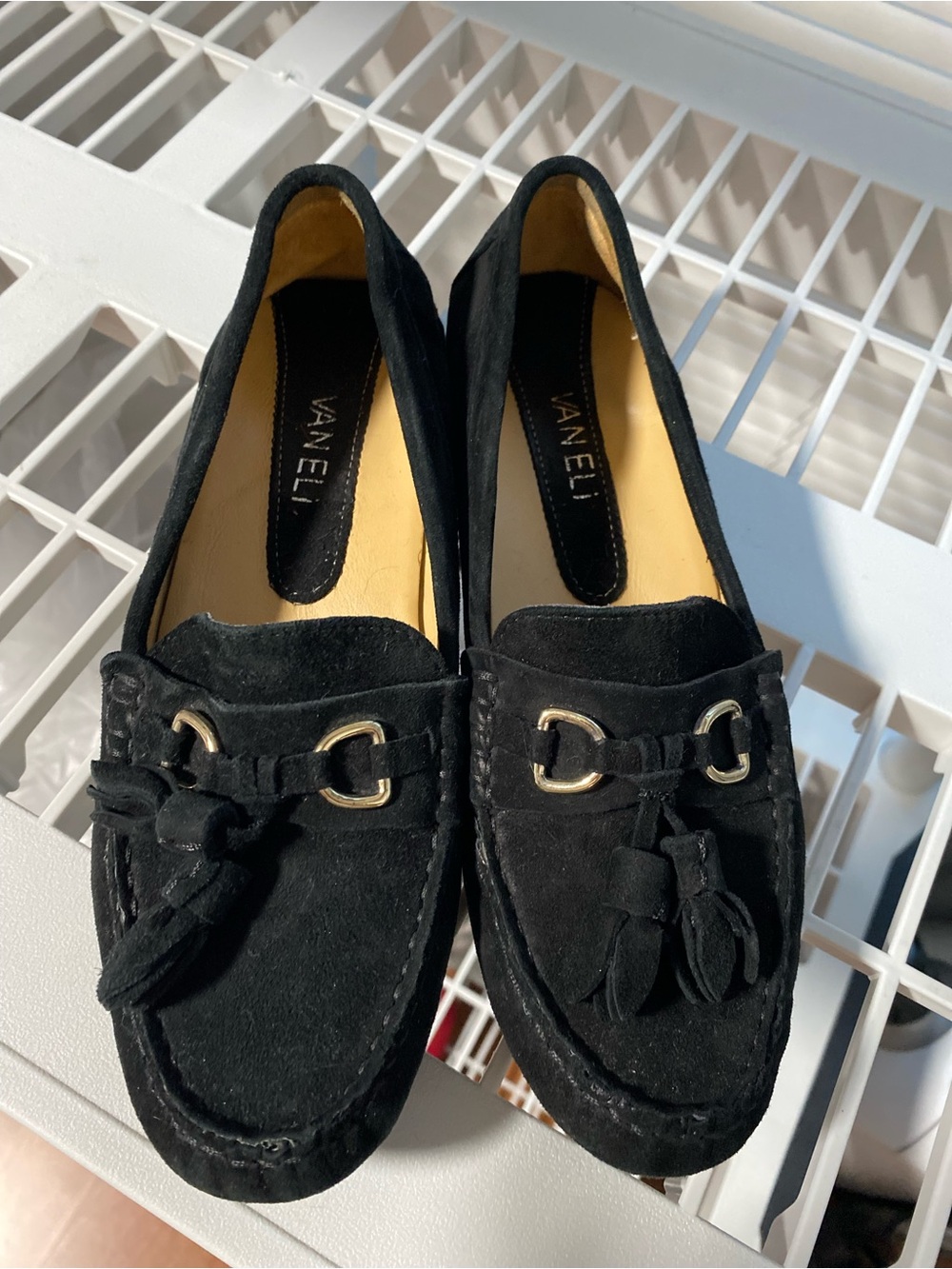 Van Eli Black Suede Tassel Loafers with Gold Hardware